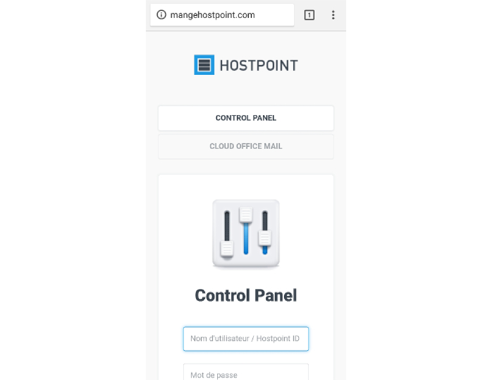 Replicated login window of the Hostpoint Control Panel. Pay attention to the URL in the browser address bar!