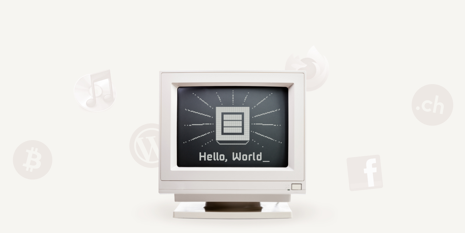 Computer monitor with hostpoint icon and the text "Hello, world".