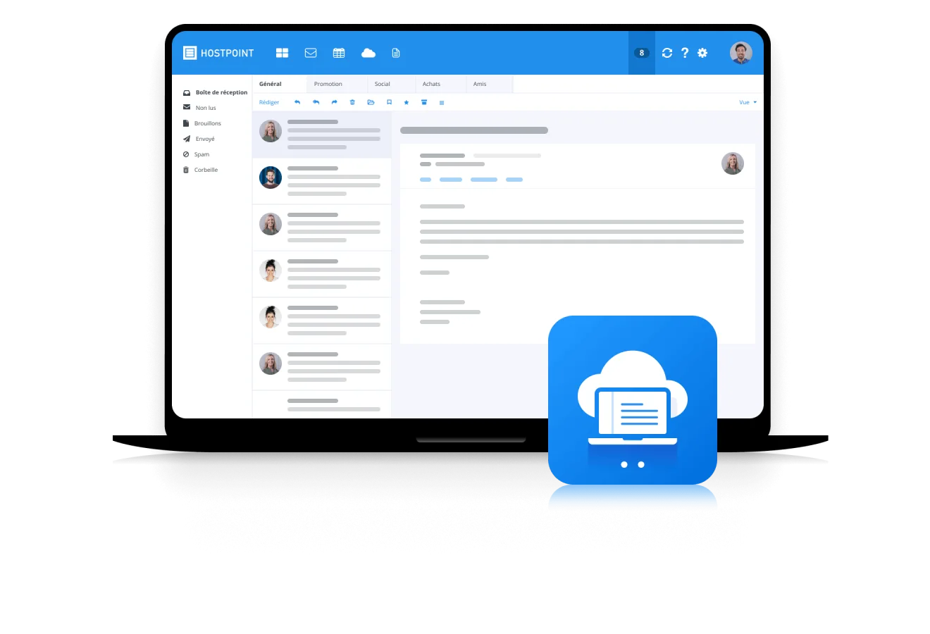 Représentation d’un ordinateur portable avec une application e-mail et le logo Cloud Office