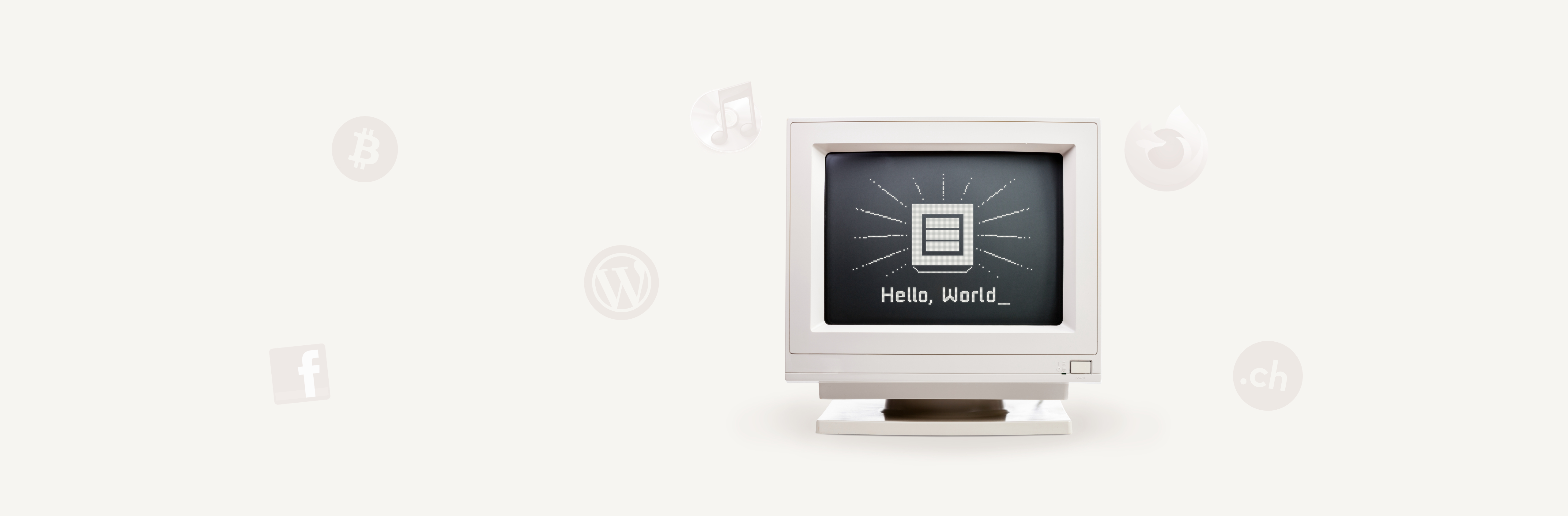 Écran d'ordinateur avec l'icône du Hostpoint et le texte "Hello, world".
