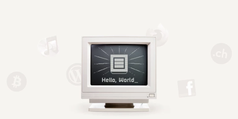 Monitor di computer con icona di Hostpoint e il testo "Hello, world".