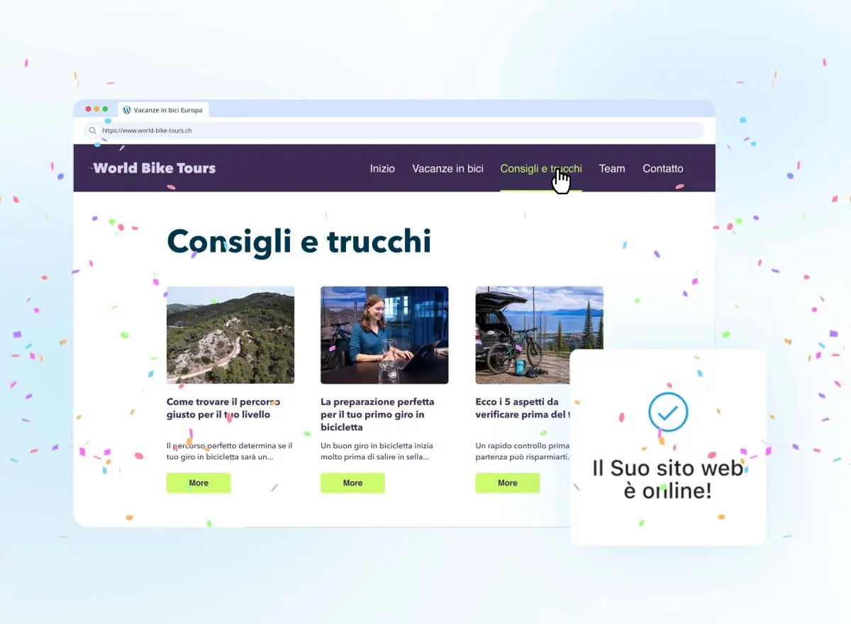 Persona che apre il sito web WordPress completato e pubblicato in un browser